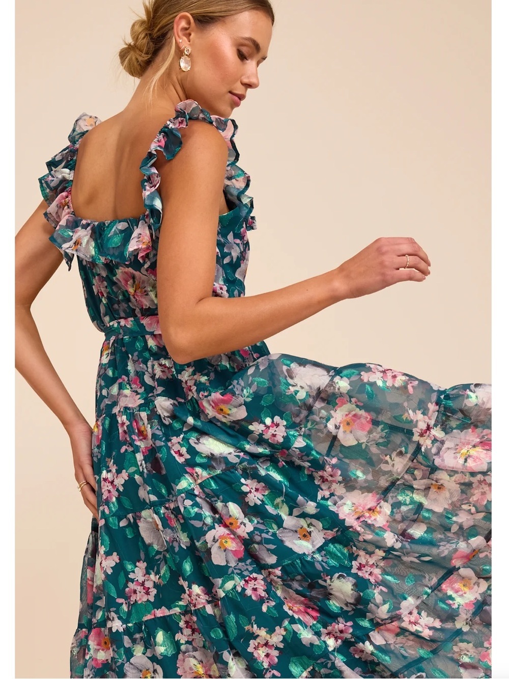 NWT Lulu’s Shela Teal Floral Jacquard Tiered Midi Dress XXL Romantic Gardengirl - Picture 8 of 13